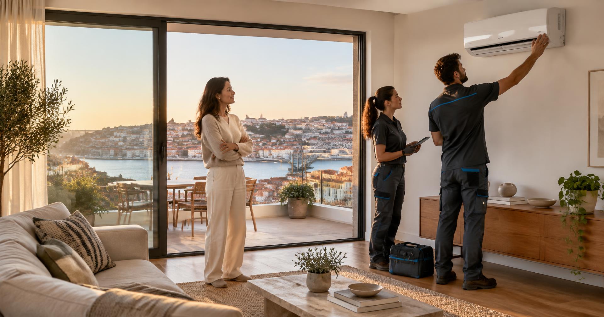 Equipa a concluir a instalação de ar condicionado perante a cliente