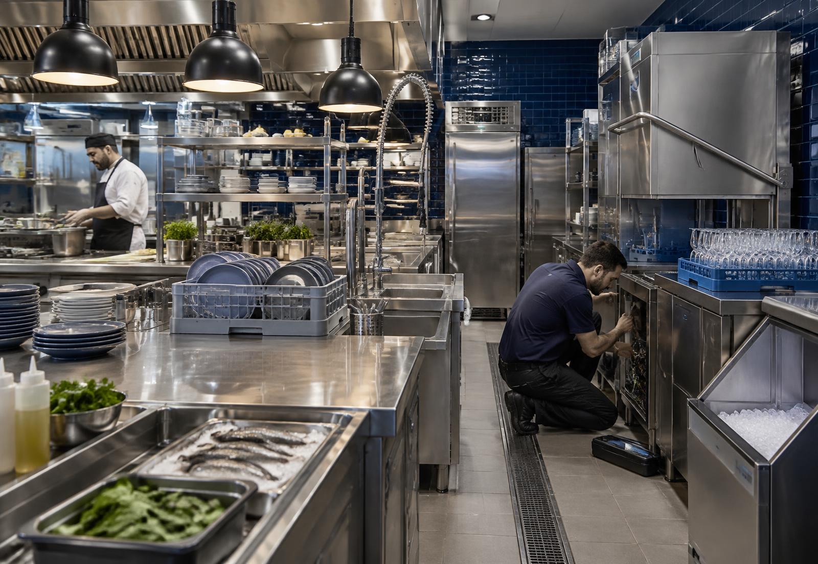 Cozinha industrial e zona de lavagem profissional em operação